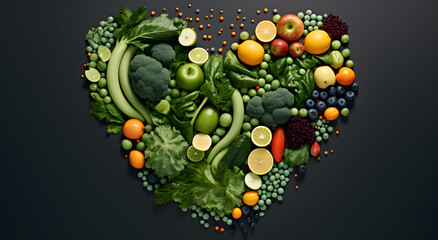 Creative layout made of heart in the shape of fruits and vegetables. Food concept. Vegetables isolated on black background.