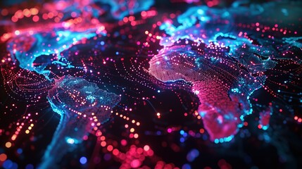 Neon abstract map of continents, high-tech world of the future. Created with Generative Ai technology