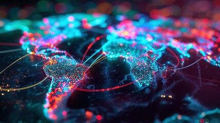 Neon abstract map of continents, high-tech world of the future. Created with Generative Ai technology