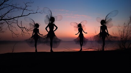 Sticker -  three silhouettes of three fairy - like women in front of a sunset with a body of water in the background.