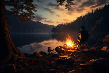 Poster - A peaceful lakeside campfire scene, with a person quietly gazing at the flames, finding solace in the crackling fire. Concept of lakeside serenity. Generative Ai.