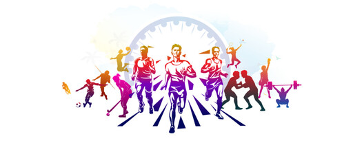 Vector illustration of Sports day. Athletics players for World Athletics Day and national Sports poster background.