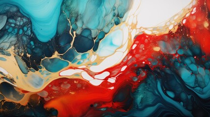 Wall Mural - artistic fusion of aqua blues and fiery reds abstract waves with golden droplets for modern graphic use