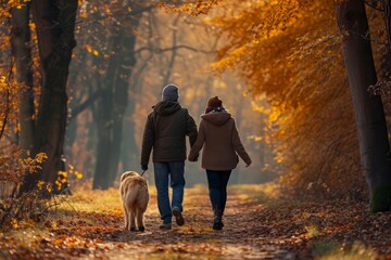 Wall Mural - Couple with a dog walks on autumn park. AI generated