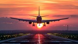 Fototapeta  - Plane taking off sky sunset sun dusk