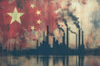 Grunge core, chinese flag with carbon dioxide polluting factories in the background - Generative AI