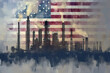 Grungy US flag integrated with a polluting fuming factory - Generative AI