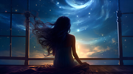 Wall Mural - Silhouette of a young woman doing yoga and meditating against the backdrop of outer space, the energy of the universe. stars.