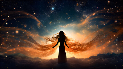 Wall Mural - Woman's silhouette within the cosmic expanse, surrounded by the outer space of galaxies and the effulgent energy stream. Symbolizes the concept of feminine vitality