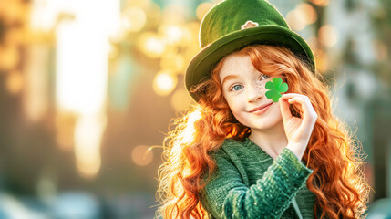 Cute smiling red hair girl wearing in green clothes with decorative clover on her face against blurred cityscape background. St. Patrick's Day celebration. Copy space