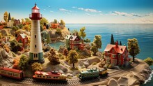  A Model Train Set With A Lighthouse On Top Of A Small Island With Houses And A Train On The Tracks.