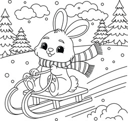 Wall Mural - Cute rabbit sledding coloring page. Winter colouring book