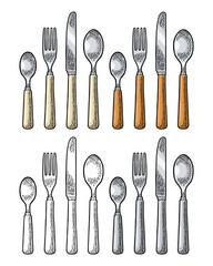 Wall Mural - Cutlery set with knifes, spoons and fork. Vector vintage engraving