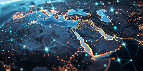 Abstract map of Saudi Arabia, Middle East and North Africa, concept of global network and connectivity, data transfer and cyber technology, information exchange and telecommunication