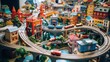  a close up of a toy town with a train on the tracks and a lot of cars on the road.