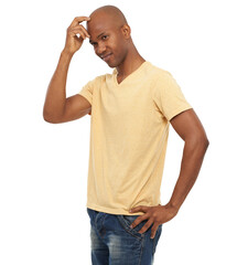 Wall Mural - Thinking, smile and black man with fashion, decision and confident guy isolated on white studio background. African person, choice and model with ideas, opportunity and confused with doubt and wonder
