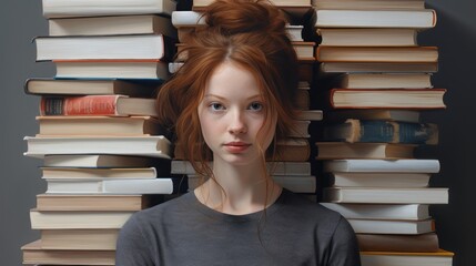 Wall Mural -  a woman standing in front of a stack of books with her head on the top of a stack of books.