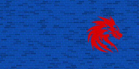 Wall Mural - Blue Brick Wall with large red dragon's head symbol. The symbol is located on the right, on the left there is empty space for your content. Vector illustration on blue background