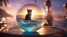 Cat On The Roof Highly Intricately Detailed Photograph Of Little Kitten Drifting By The Sea Waves In A Crystal Ball