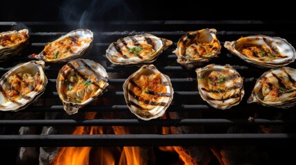 Sticker -  a bunch of oysters on a grill with a fire in the middle of the grill and a bunch of other oysters on the grill.