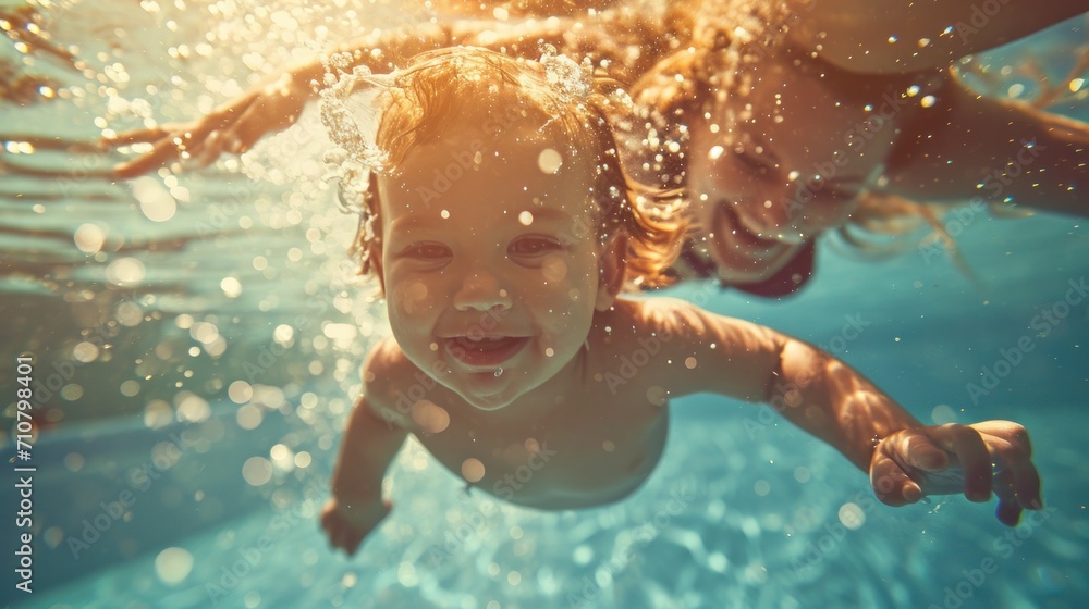 Cute smiling baby and mom having fun swimming and diving in the pool at ...