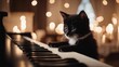 cat playing piano A small kitten with a sleek black coat, gracefully  across the ivory keys of a grand piano 