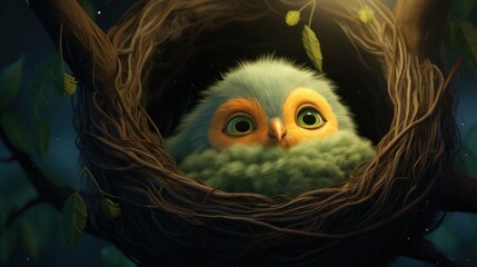 Poster -  a painting of a baby owl sitting in a nest on a tree branch with a glowing light in the background.