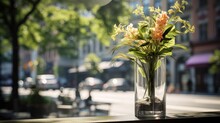  A Vase Filled With Flowers Sitting On Top Of A Window Sill Next To A Street Filled With Parked Cars.