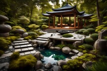A Zen-inspired Luxury Outdoor Garden With Serene Water Features, Stone Pathways, And A Meditation Pavilion Surrounded By Lush Greenery.