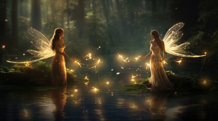 Wall Mural -  a couple of women standing next to each other in front of a body of water with sparklers in their hands.