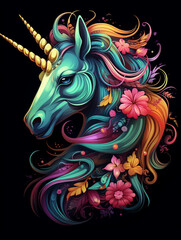 Naklejka na meble t-shirt design, the colorful unicorn head is on a black background created with Generative Ai
