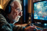 Modern aging concept, eldery person focused while playing a video game