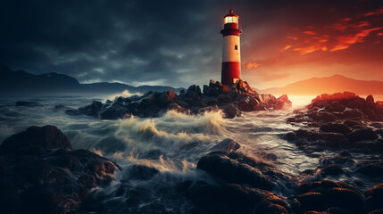 Wall Mural - Lighthouse In Stormy Landscape - Leader And Vision Concept