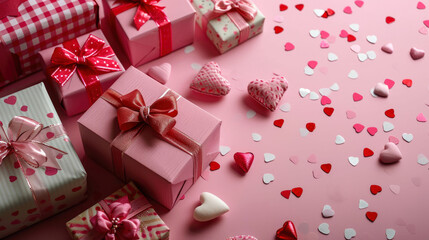 Wall Mural - Valentine's day background with hearts and gift box on pink