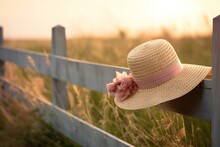 Straw Hat On A Wooden Fence In The Field At Sunset