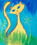 Fototapeta Do akwarium - Yellow cat on blue painting