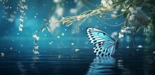 Aqua-blue Butterfly With Celestial Patterns, Gliding Over A Tranquil Pond Surrounded By Weeping Willows, Reflecting The Peacefulness Of A Summer Afternoon.