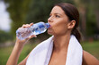 © Miko/peopleimages.com - Park, fitness or woman drinking water for running outside with a towel in exercise for resting break. Training, runner or outdoor workout with liquid, person or female athlete in nature for energy