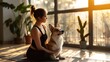 fitness with dogs, a girl does exercises with her corgi dog, new trend of yoga and pilates