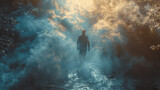 Fototapeta  - Ein Mann wandelt in den Wolken zum Licht