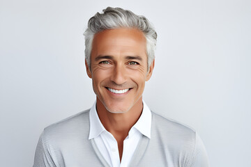 Portrait of happy casual older man smiling, Mid adult, mature age guy with gray hair, Isolated on white background, copy space