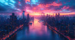 Fantasy landscape of city with river, downtown with skyscrapers and cloudy sky at sunset