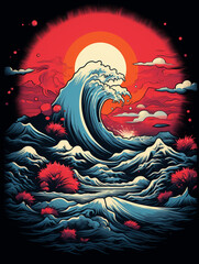 t-shirt design, the sunset shows mountains and a river in a blue and red colored t shirt created with Generative Ai