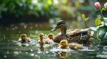 Duck And Ducklings, A Delightful Scene Of A Family Of Ducks Swimming Peacefully In A Backyard Pond