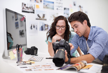 Wall Mural - Man, woman or camera for workshop photography with teamwork, lens and creative editor in workplace. People, photographer and collaboration in career, technology or focus in office on digital graphic