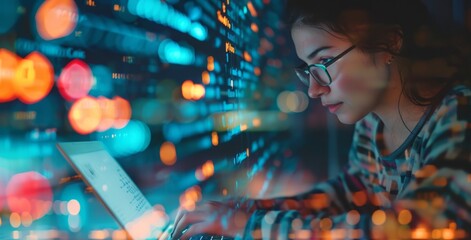 woman with digital interface overlay. tech-focused woman with a digital code overlay at night.