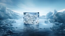 A Large Ice Cube Sitting In The Middle Of A Body Of Water With Ice Chunks Floating On Top Of It.