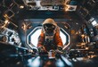 an astronaut is sitting in the cabin of a space ship
