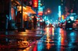 Rainy night cityscape with illuminated signs and reflections