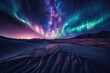 Aurora borealis in the desert at night. 3d rendering
